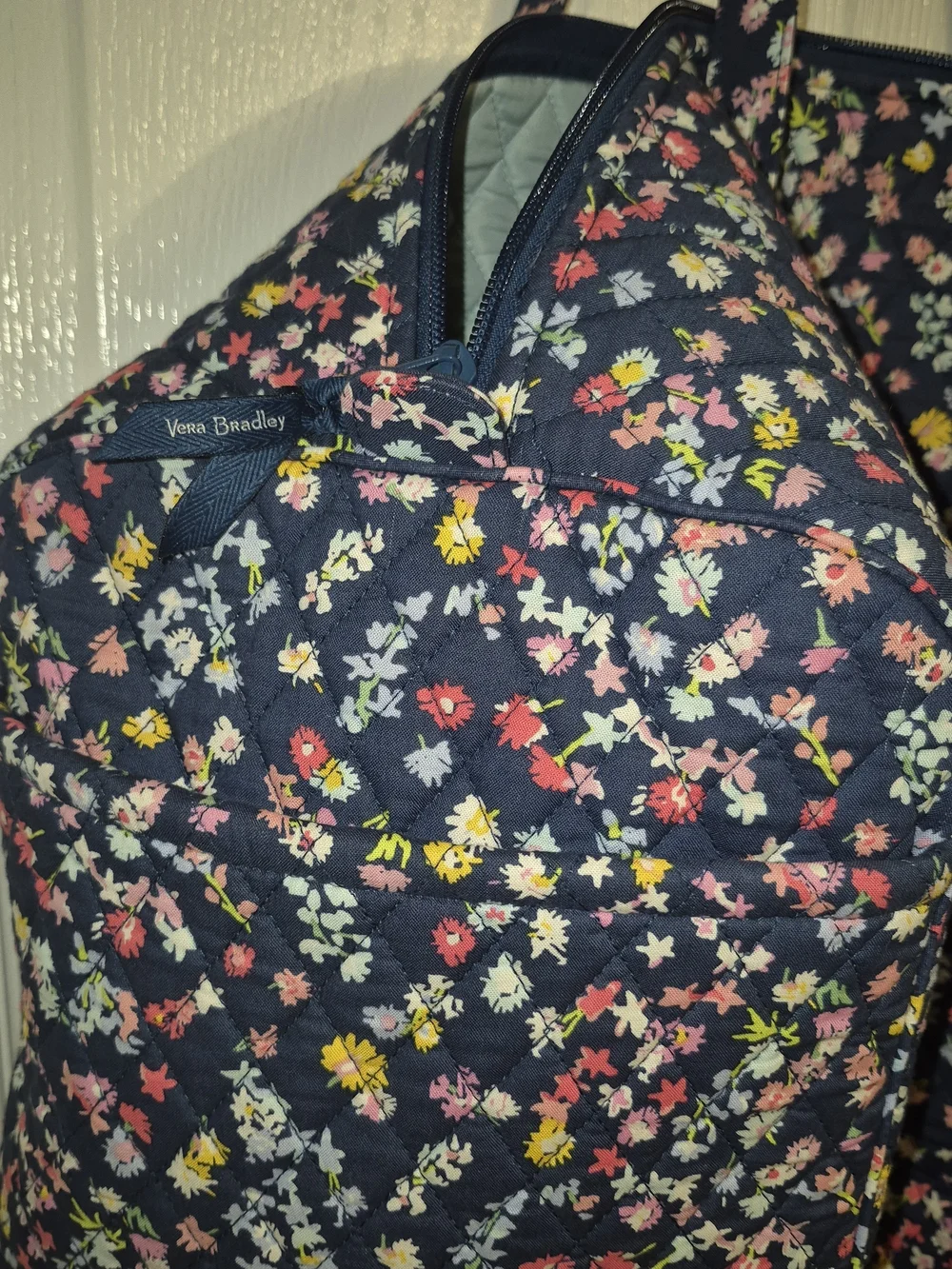 Vera Bradley Navy Quilted Floral Tote with Pink, Yellow and White Blooms